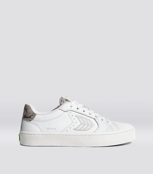 SALVAS White Leather Silver Cloud Logo Snake Skin Print Sneaker